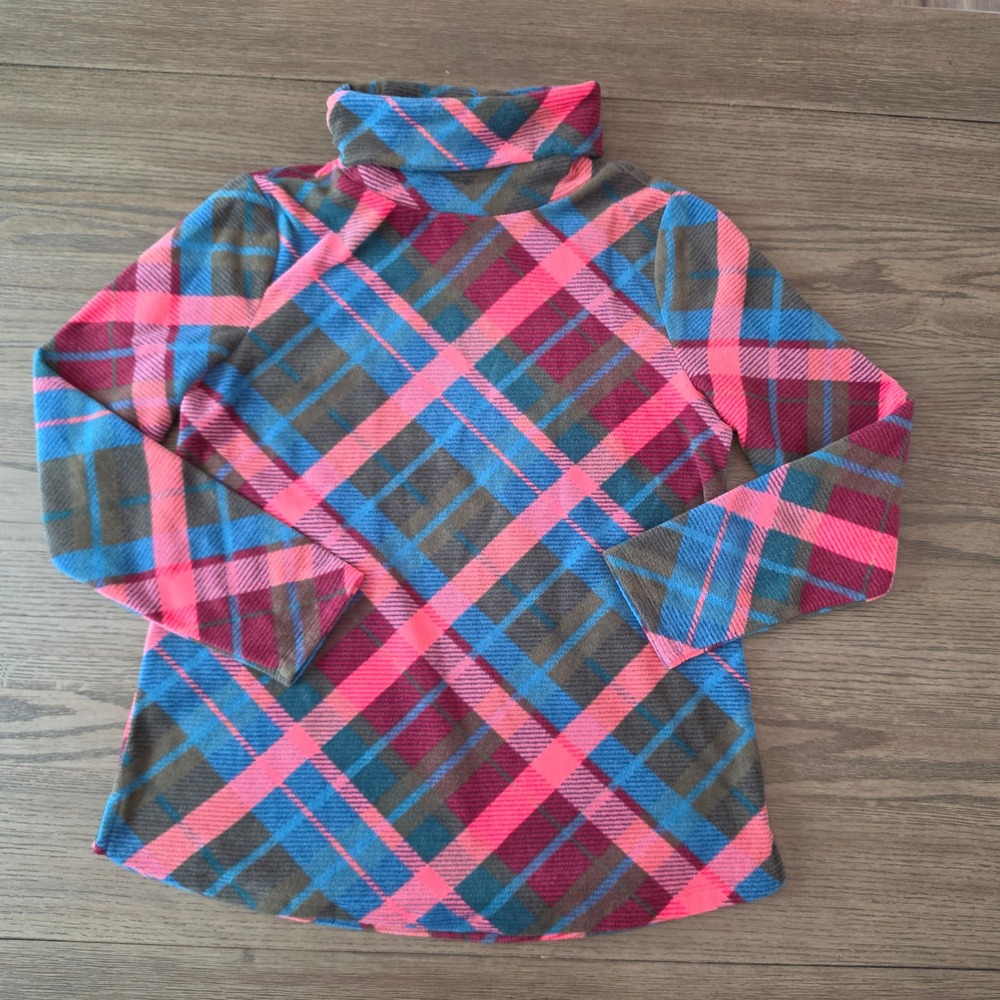Talbots Pink Blue Brown Plaid Fleece Turtleneck Pullover Top JO5375